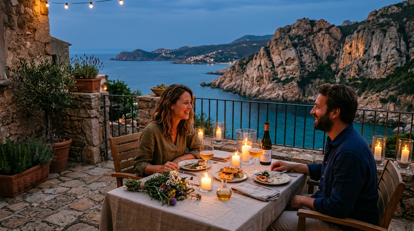 Candlelit stone terrace dining at Ash overlooking twilight cliffs