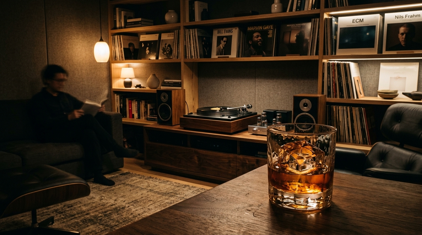 Turntable, vinyl records, and carved cocktail ice in the dim glow of Low Key