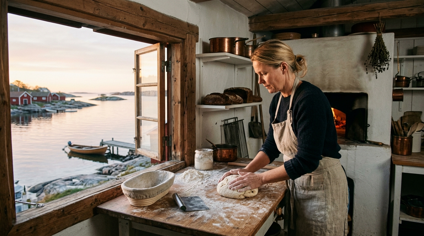 Baker shaping sourdough by morning coastal light at Molla