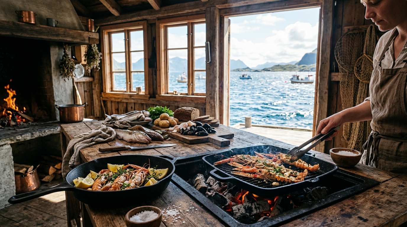 Seafood and langoustines grilling over open wood embers at Norr Kitchen
