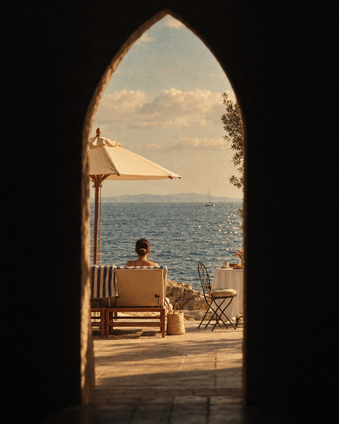 Sea terrace seen through a shadowed stone arch