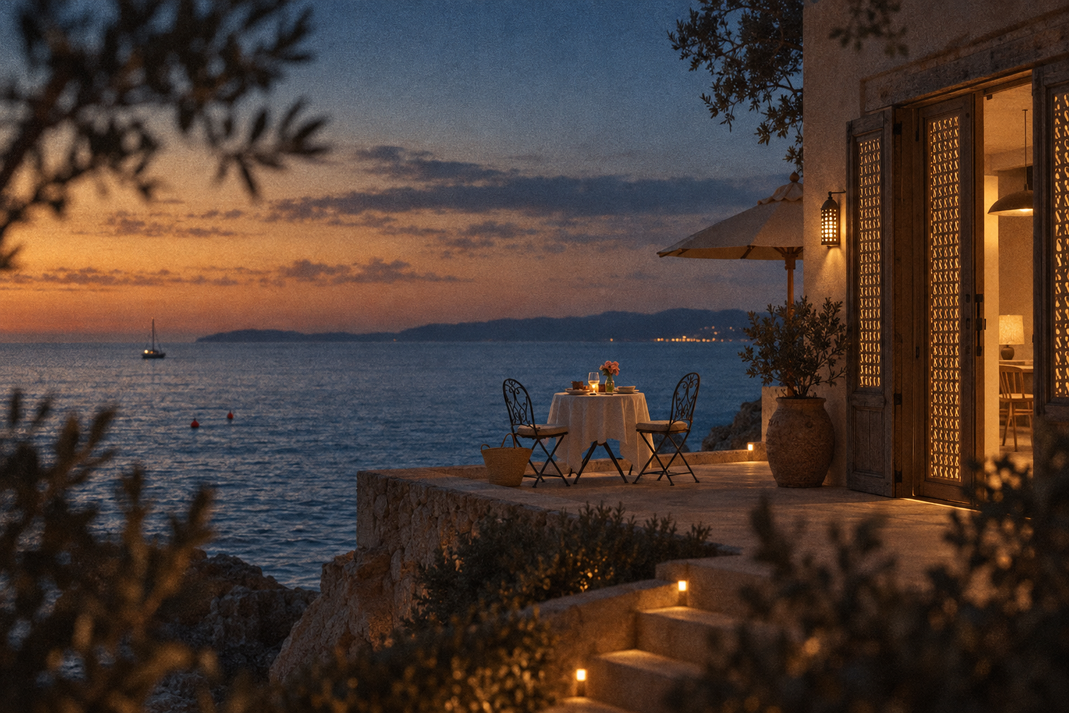 A table set for two above the sea at dusk