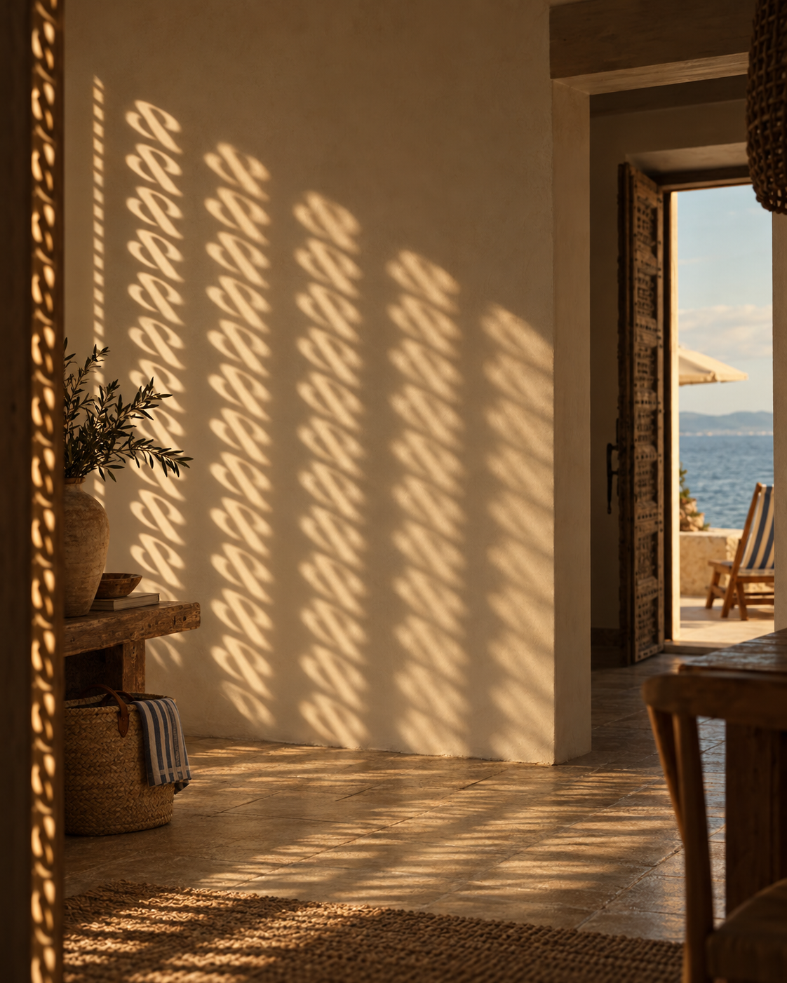 Golden patterned light across a quiet coastal interior