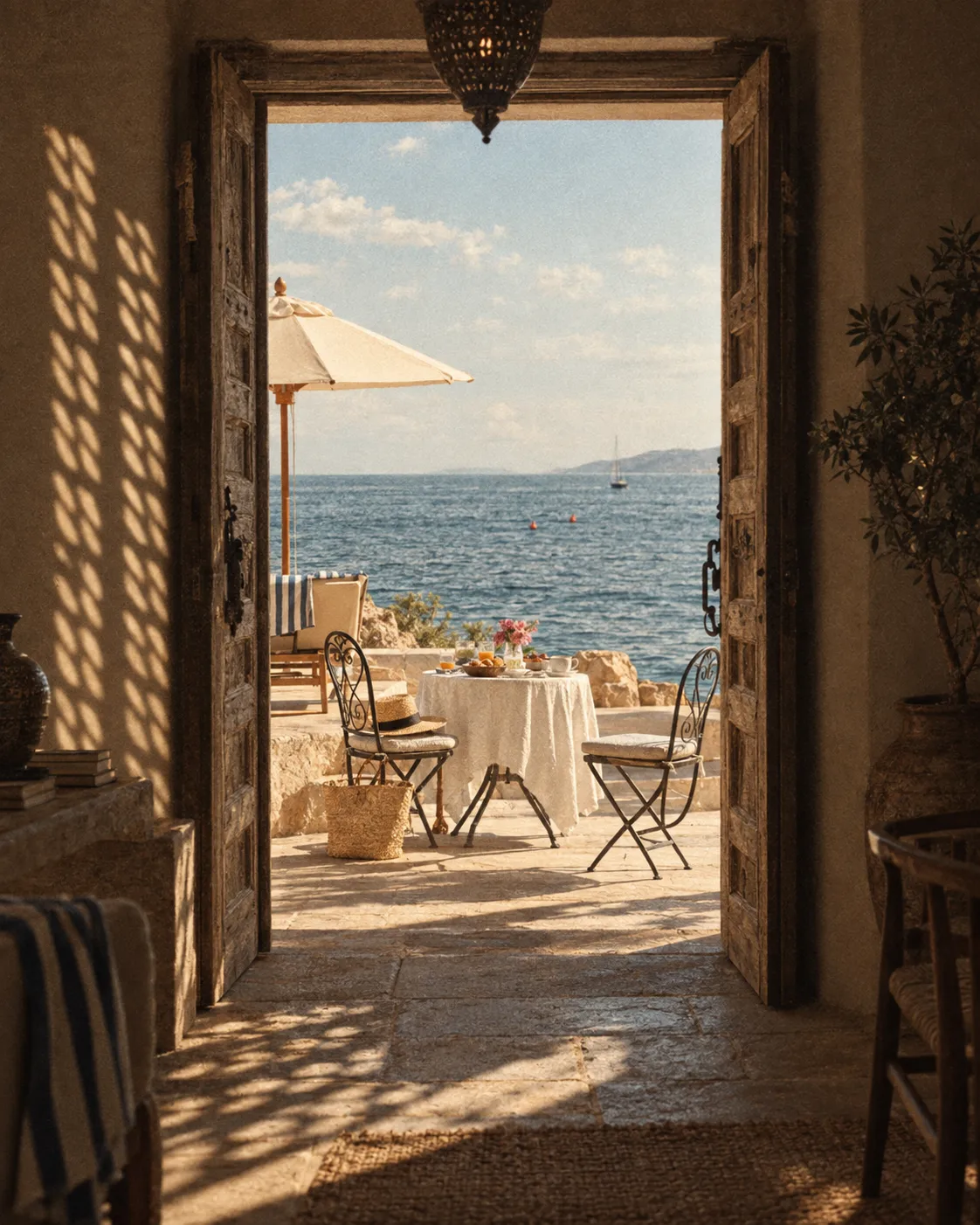 Breakfast table framed by open wooden doors overlooking the sea